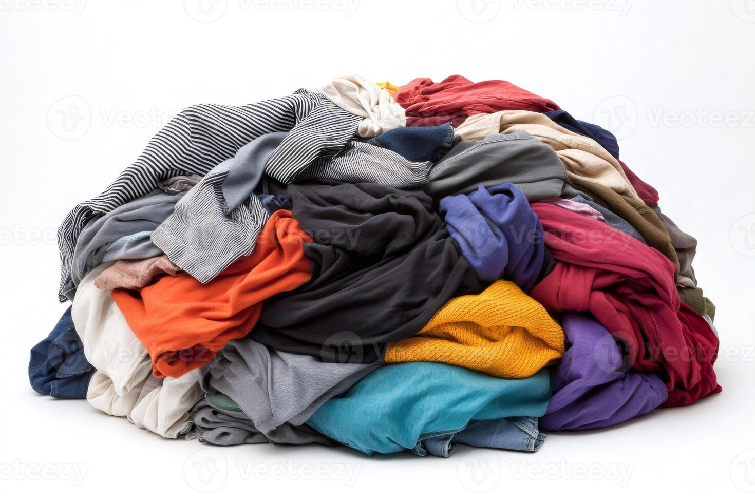 Pile of colorful clothes forming a chaotic mound on white background photo