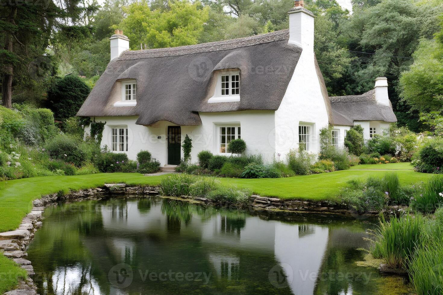 Picturesque thatched cottage reflecting in a tranquil pond surrounded by lush greenery photo