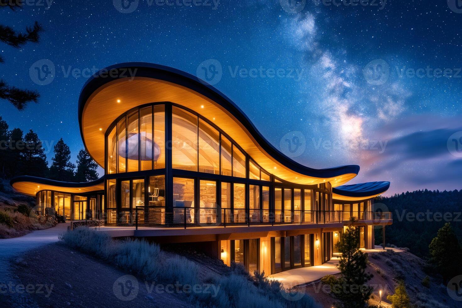 Modern luxury sustainable home glowing under the milky way at night photo