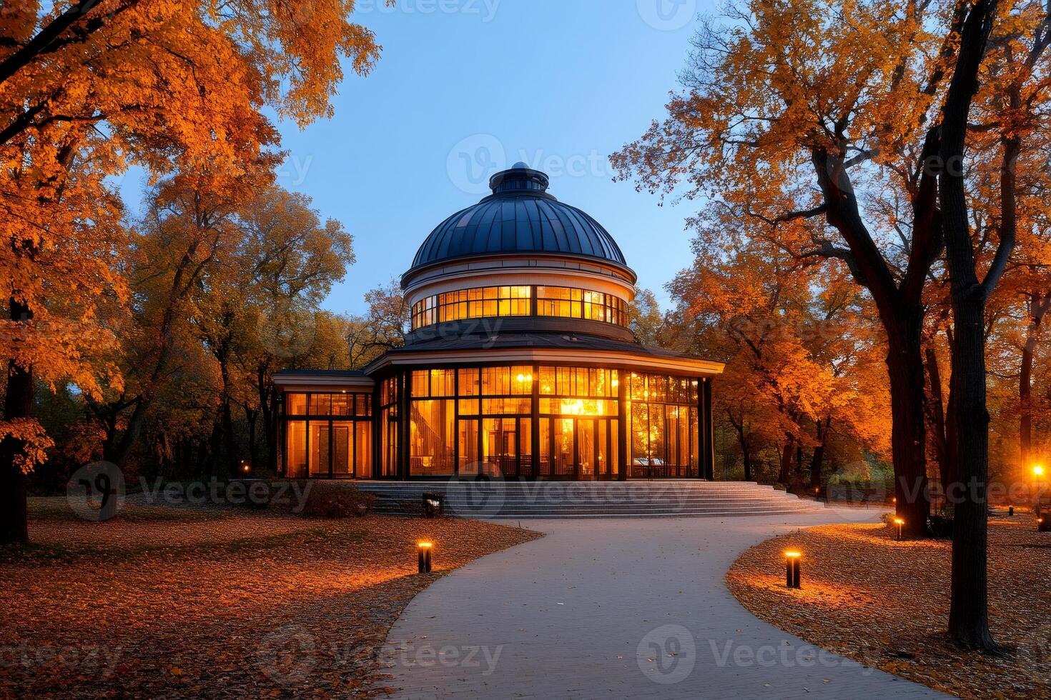 Illuminated pavilion surrounded by colorful autumn trees in a park at dusk photo