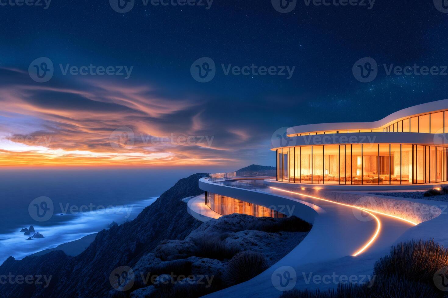 Modern futuristic clifftop villa overlooking ocean at sunset with glowing lights photo