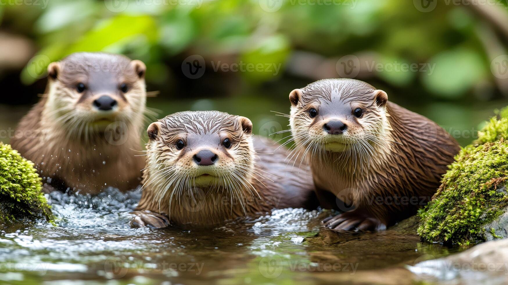 European otters emerging from river in natural habitat photo