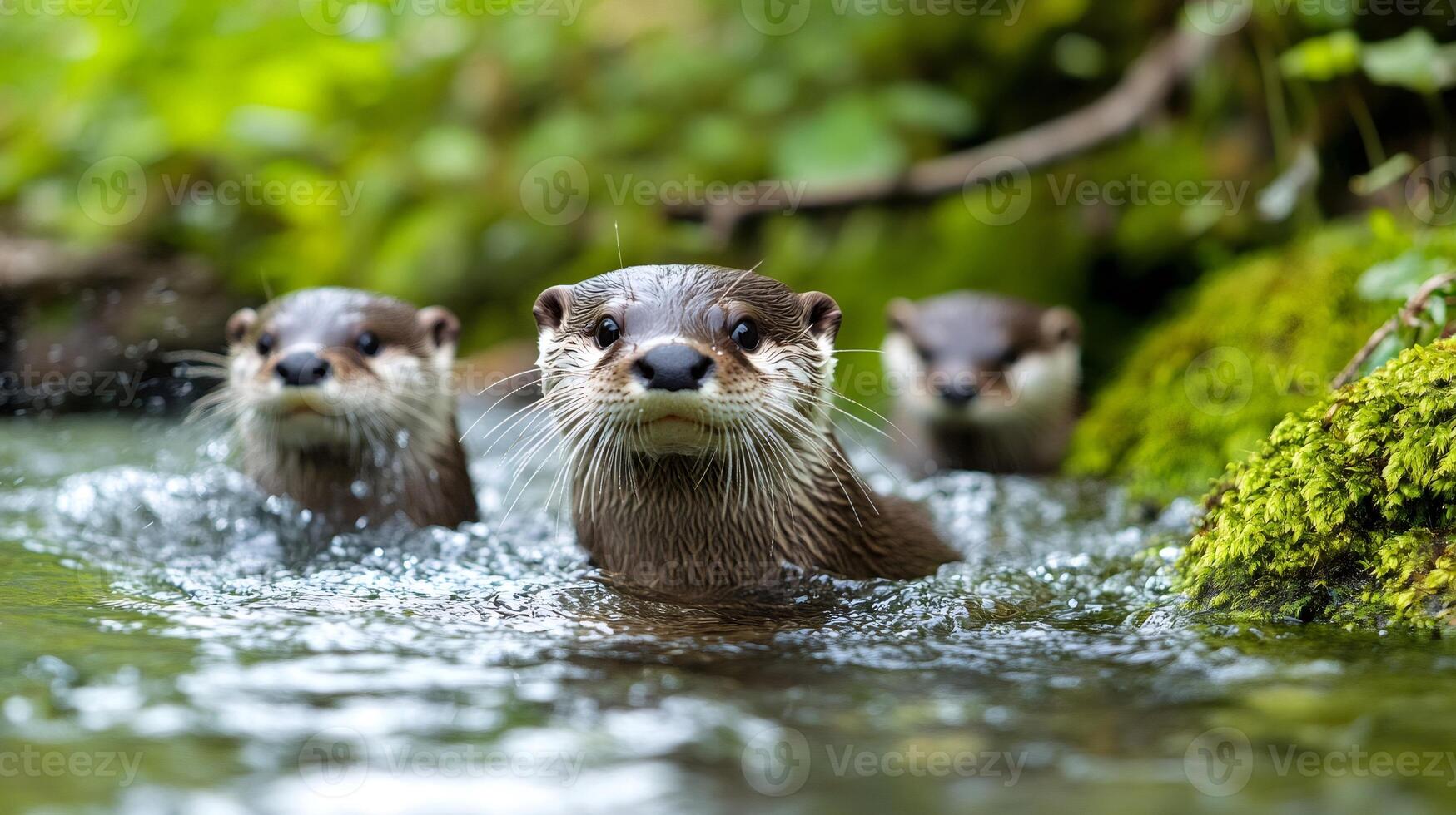 Three playful otters swimming in river photo