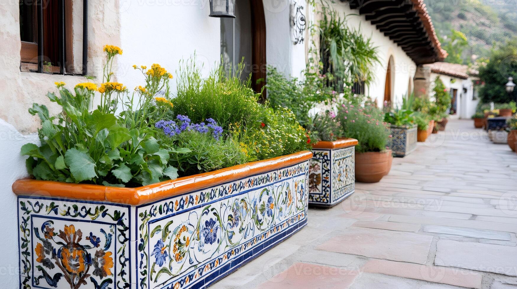 Colorful ceramic flower boxes decorating a spanish style patio photo