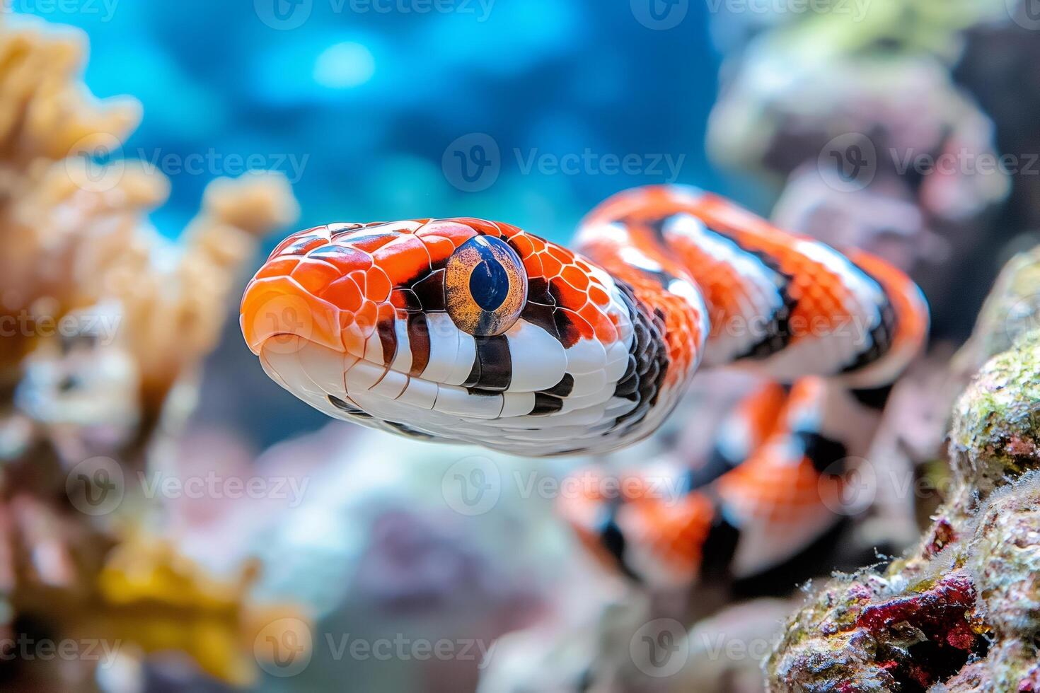 Colorful red, black and white snake slithering underwater near corals photo