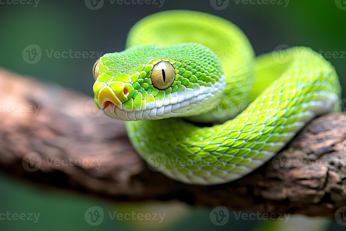 Green snake resting on a branch looking menacingly photo