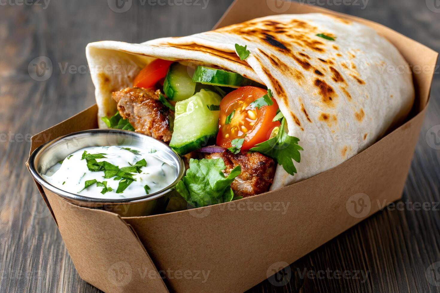 Delicious greek gyros pita with tzatziki, tomato, cucumber and meat, enjoying a takeaway meal photo