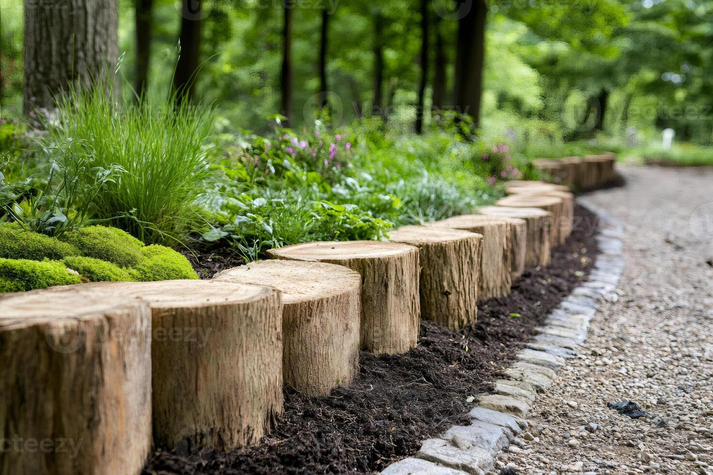 Wooden logs bordering a garden path creating a natural landscape design photo