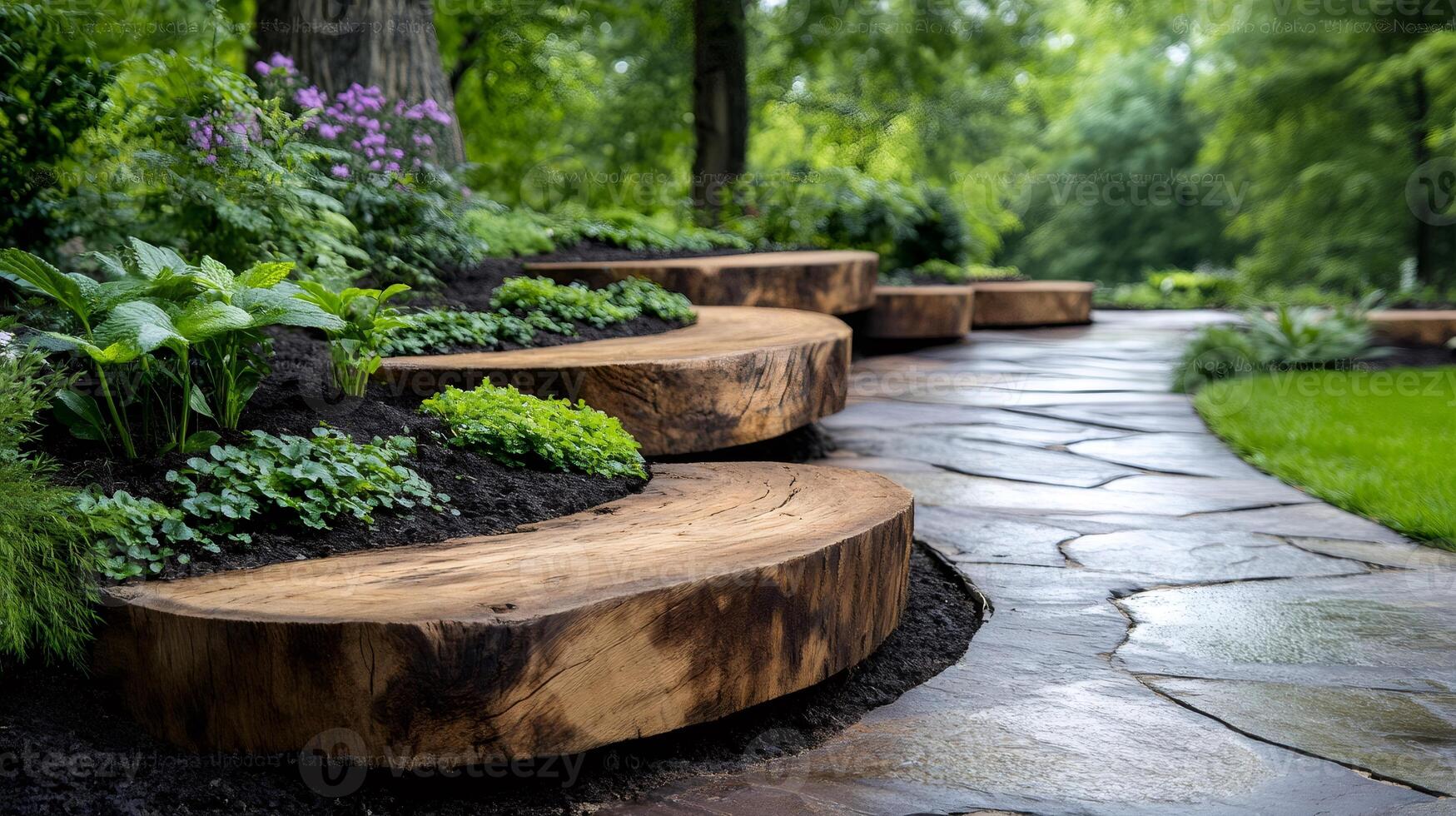 Curved wooden borders creating a beautiful garden path photo