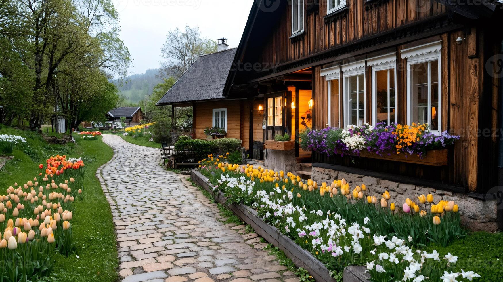 Cobblestone path leading to cozy wooden houses with blooming tulips and daffodils in spring photo