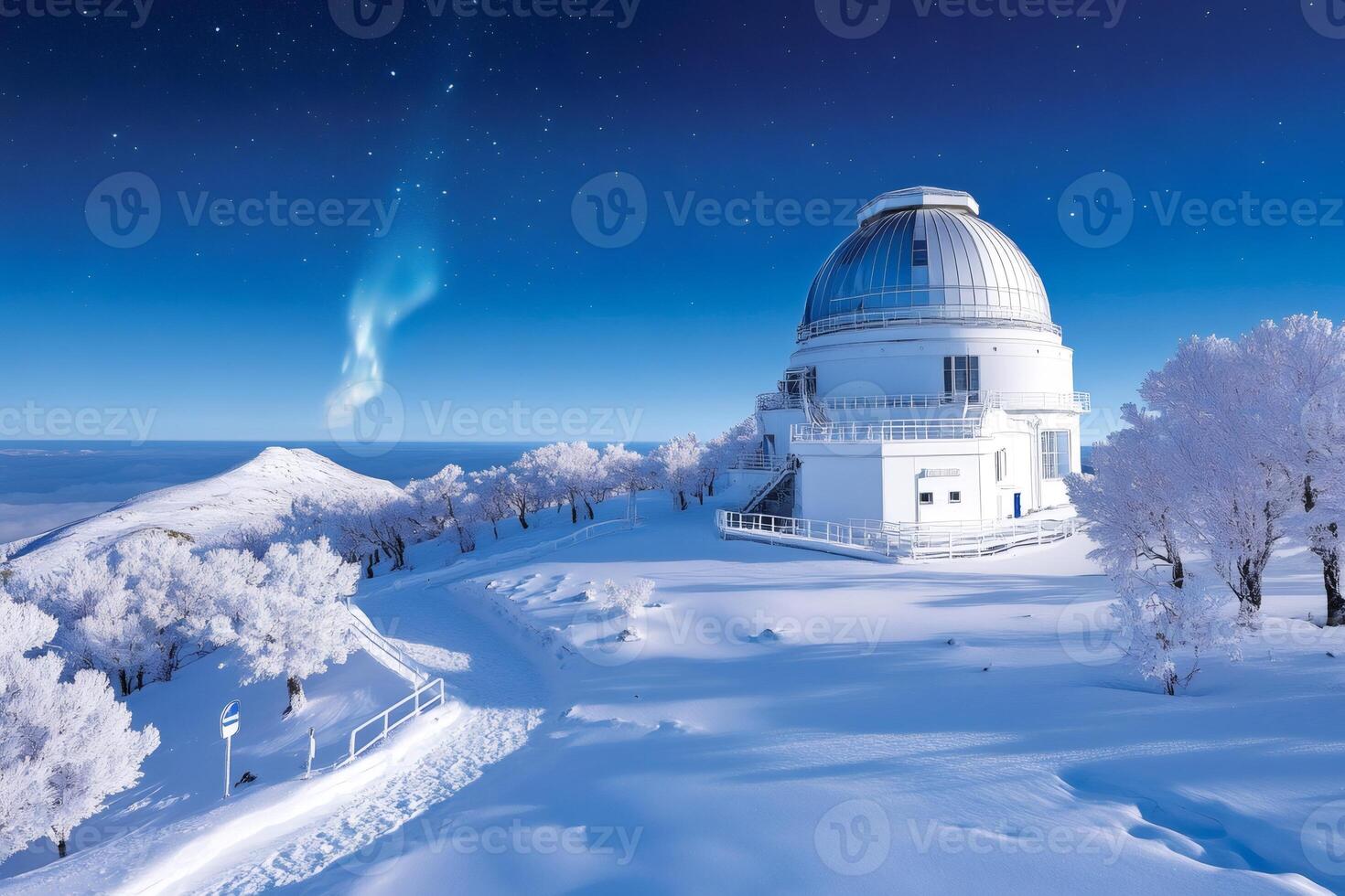 Astronomical observatory exploring the universe during magical winter night photo