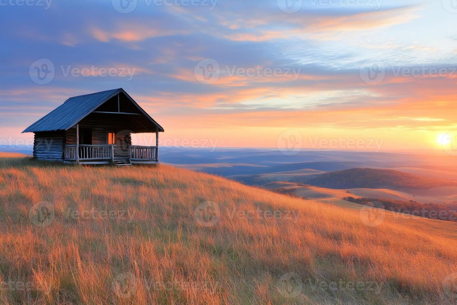 Wooden cabin overlooking vast grasslands during sunset photo