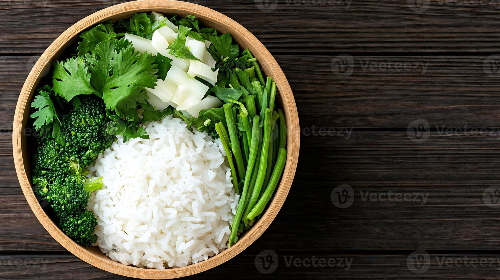 Healthy vegan lunch bowl with rice and green vegetables promoting healthy eating habits photo