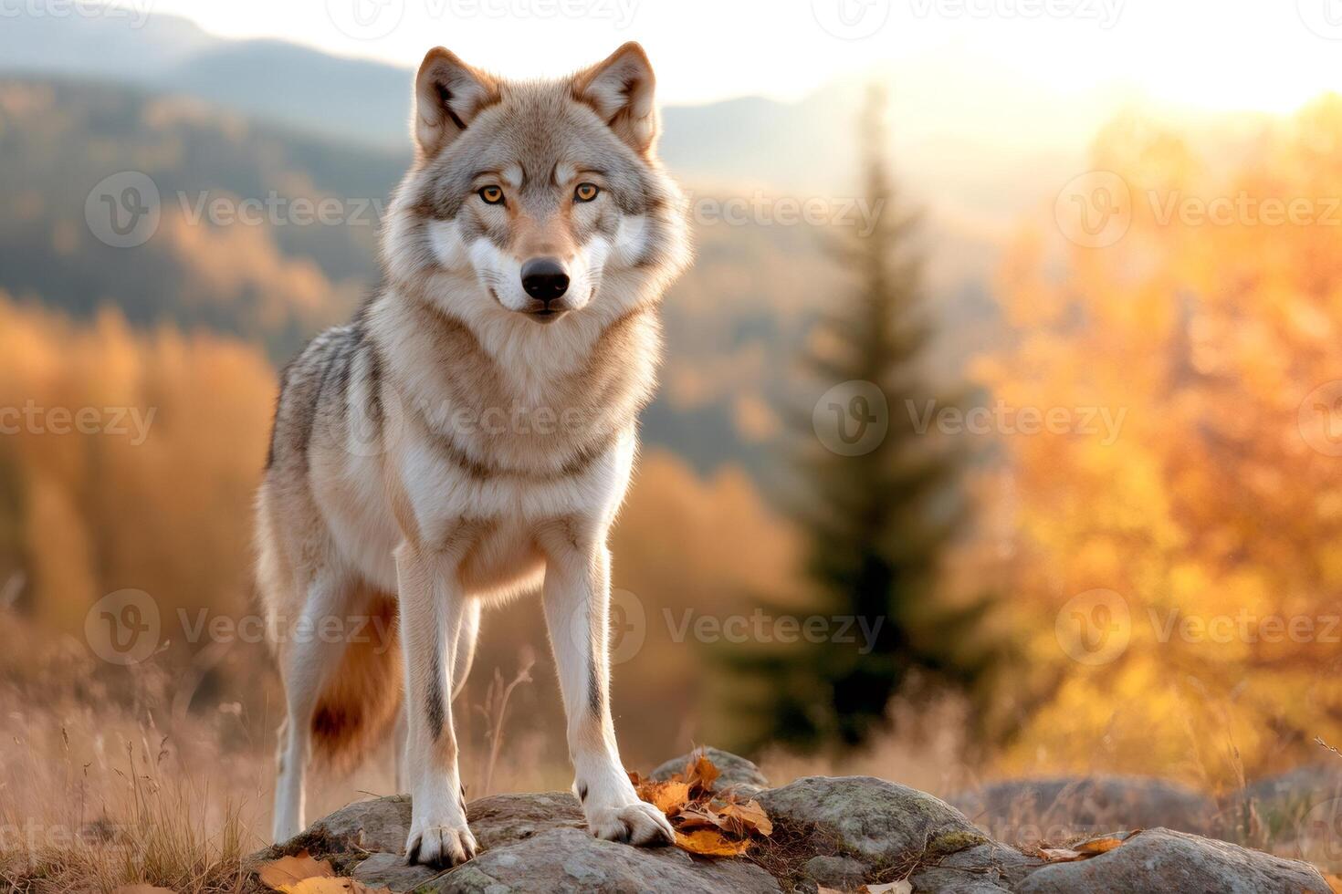 Majestic wolf standing on a rock in autumnal forest photo