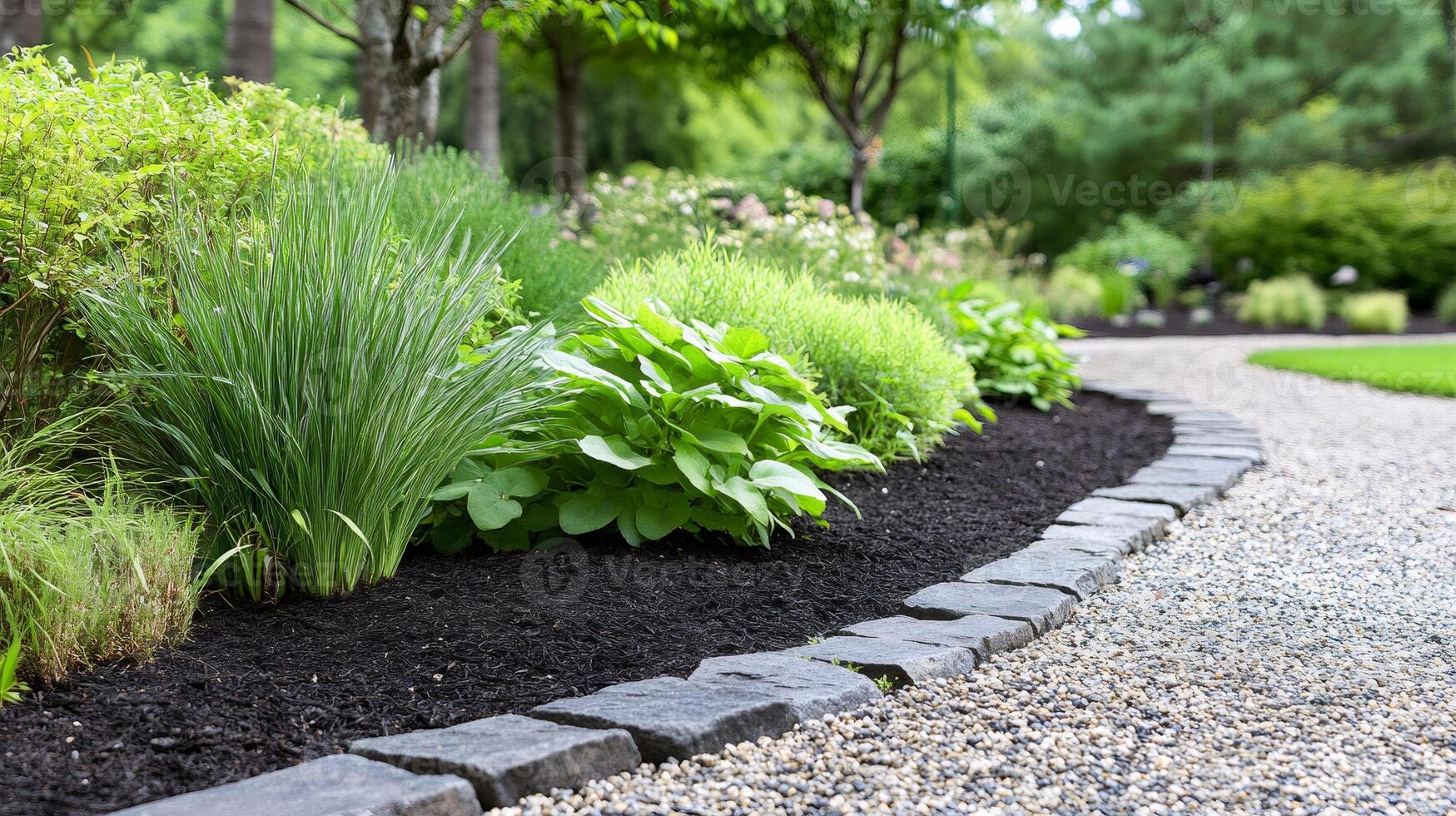 Lush garden with gravel path winding through vibrant greenery and stone borders photo