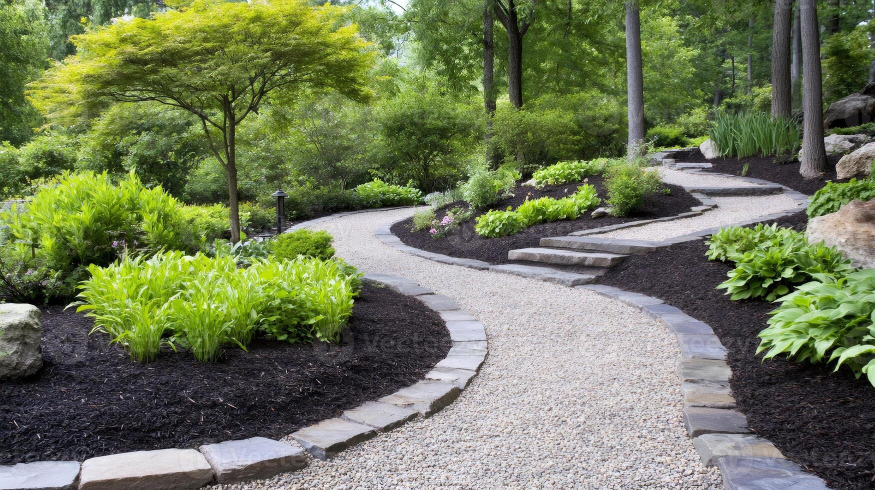 Gravel path winding through a lush garden photo