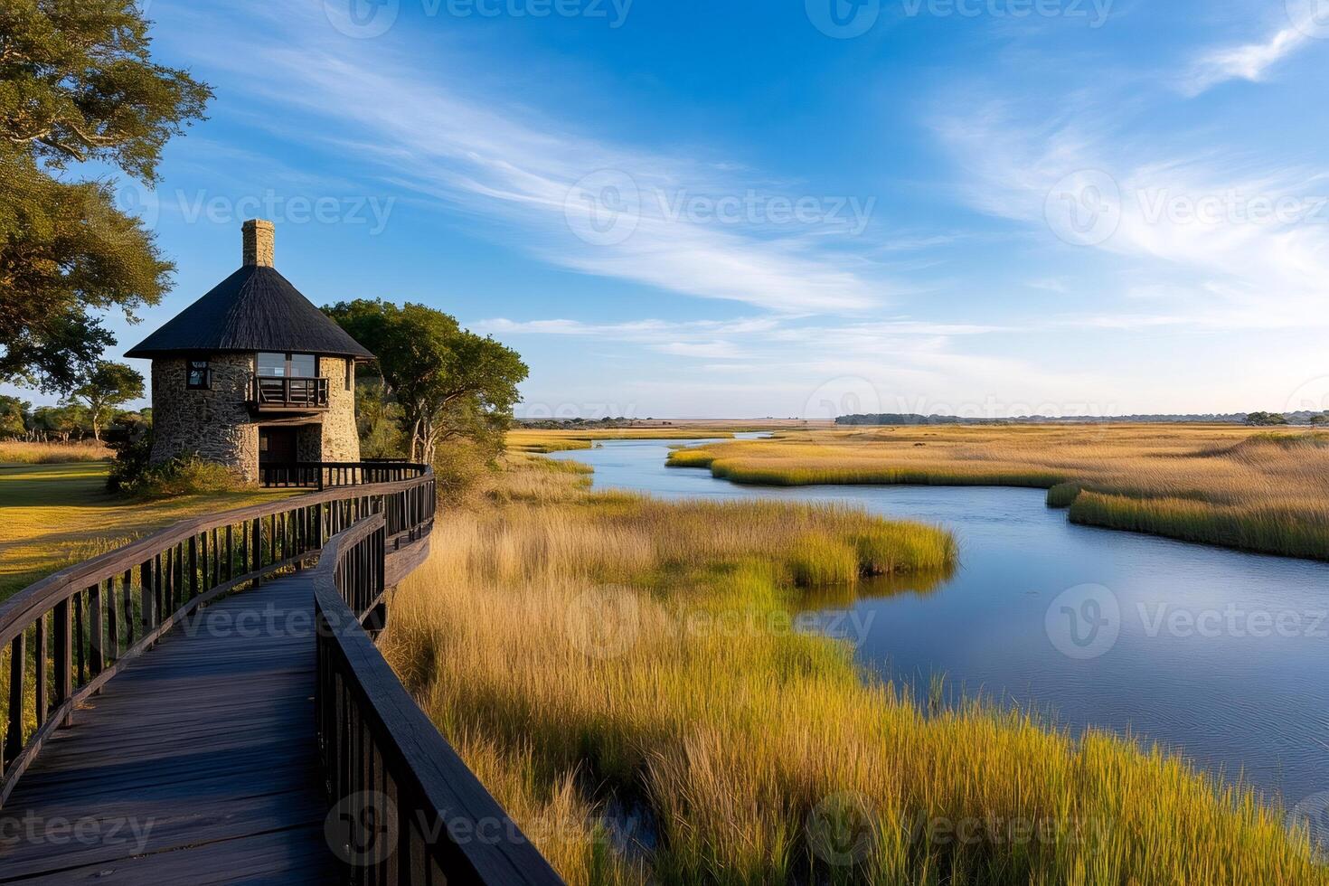 Wooden walkway leading to a hut overlooking the Zambezi River photo