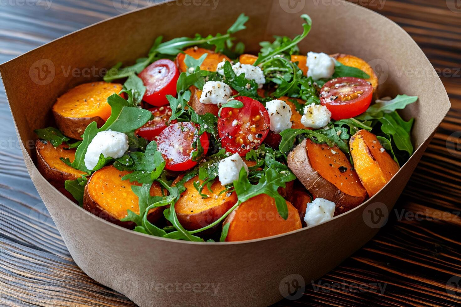 Healthy salad with baked sweet potato, arugula, cherry tomatoes and feta cheese in a paper bowl photo