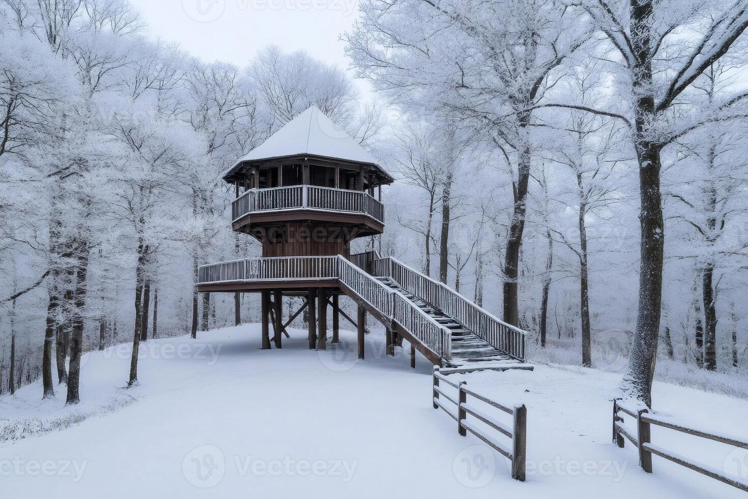 Wooden observation tower standing in snowy forest during winter photo