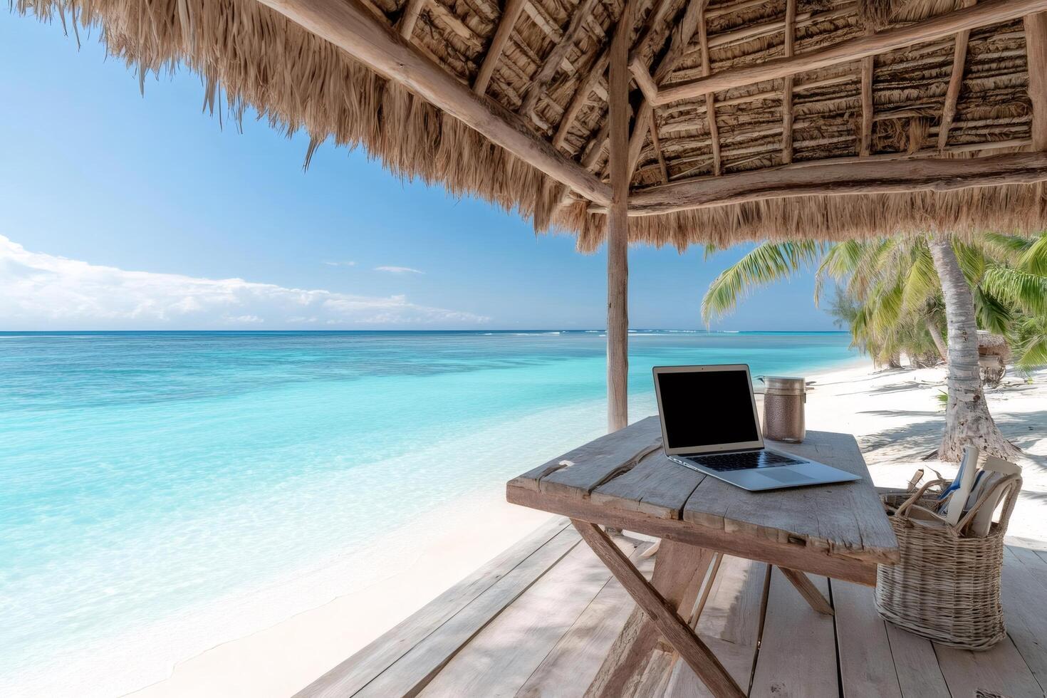 Laptop sitting on wooden table under straw hut overlooking tropical beach with turquoise water photo