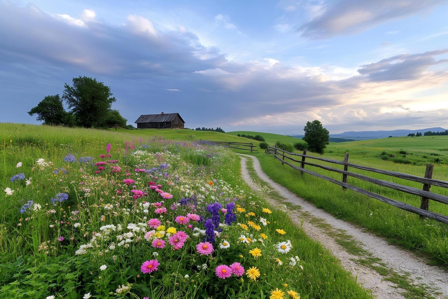 Dirt road leading to a wooden house surrounded by wildflowers photo