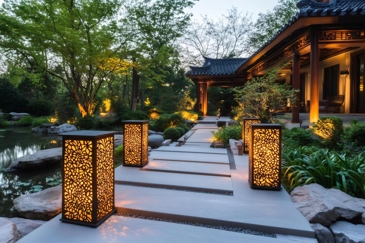 Illuminated pathway leading to a traditional chinese house at sunset photo