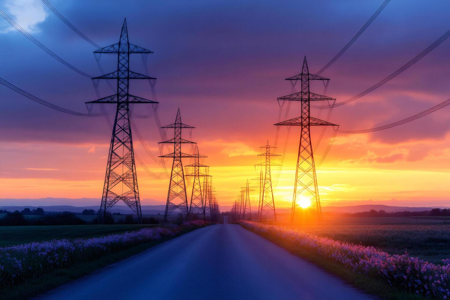 Electricity pylons at sunset illuminating a countryside road with purple wildflowers photo