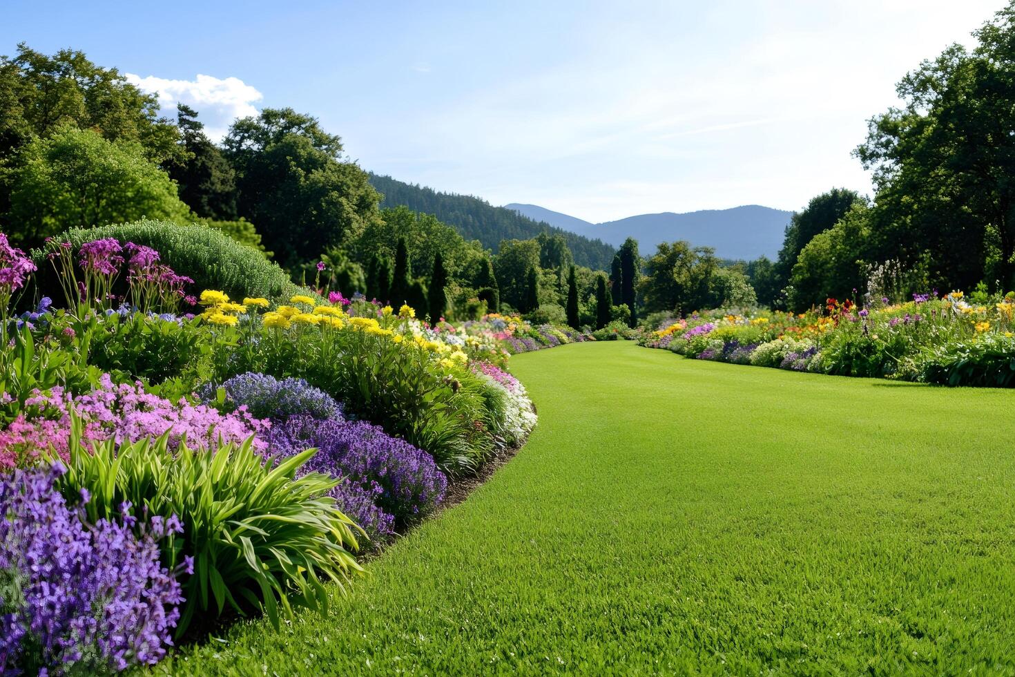 Lush green lawn bordering colorful flowerbeds in a beautiful garden photo