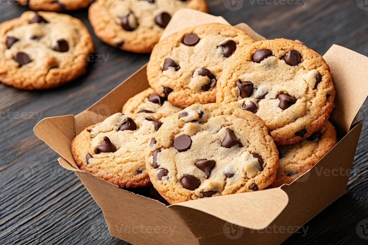 Freshly baked chocolate chip cookies stacked in a takeaway box on a dark wooden table photo