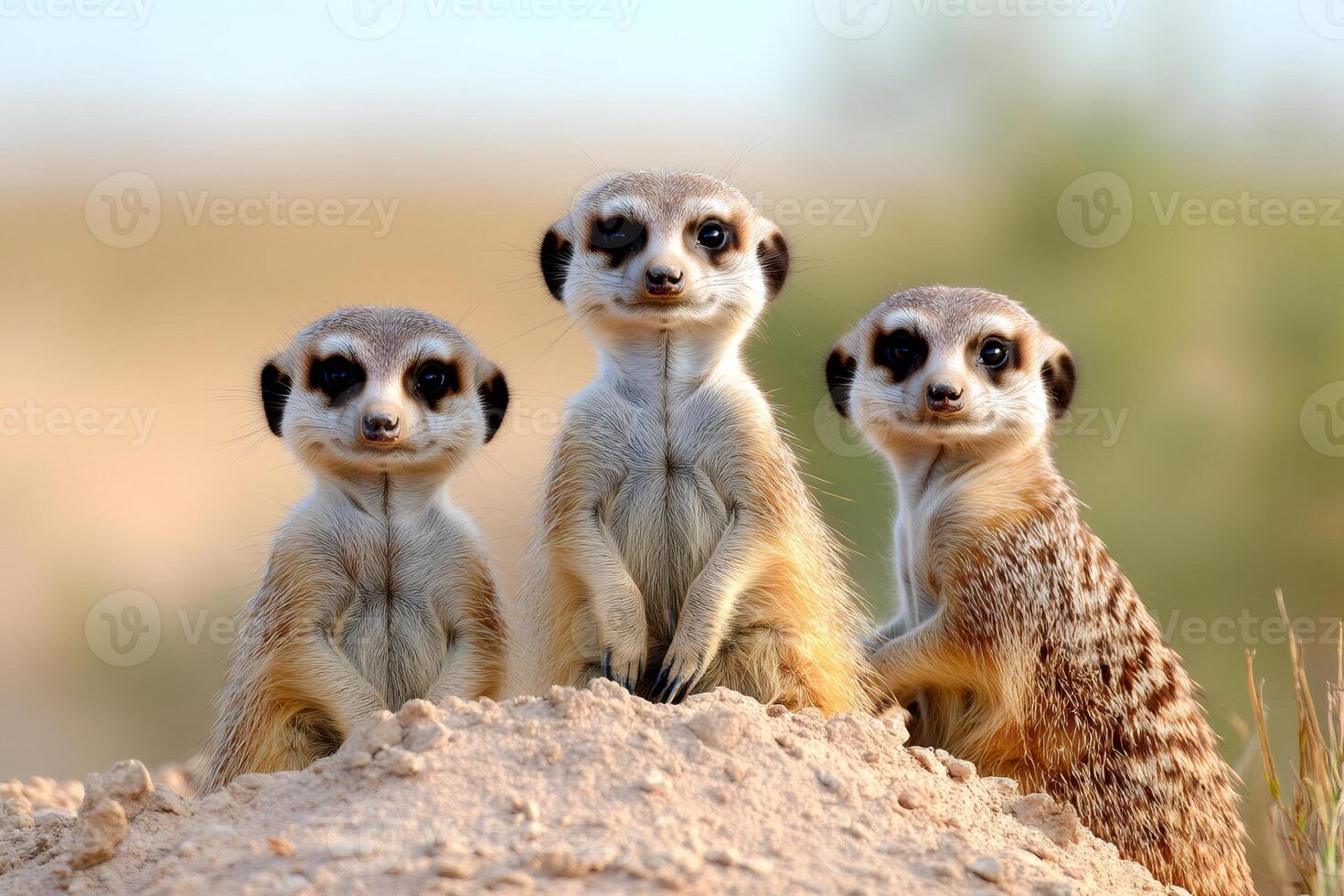 Three meerkats standing on sandy mound looking around photo
