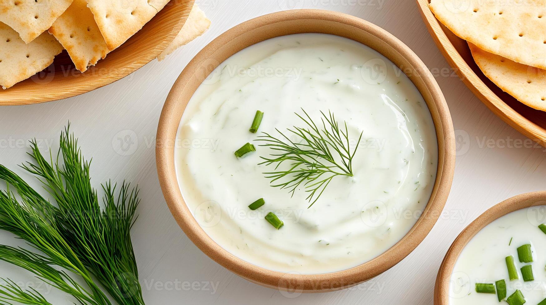 Creamy yogurt dip with fresh dill and chives served with crackers photo