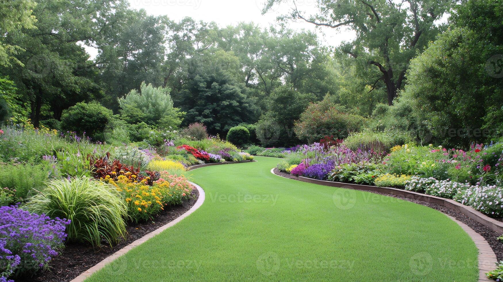 Winding path cutting through colorful flowerbed in lush garden photo