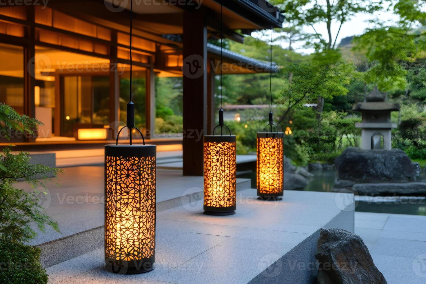 Japanese lanterns illuminating a traditional house at twilight photo