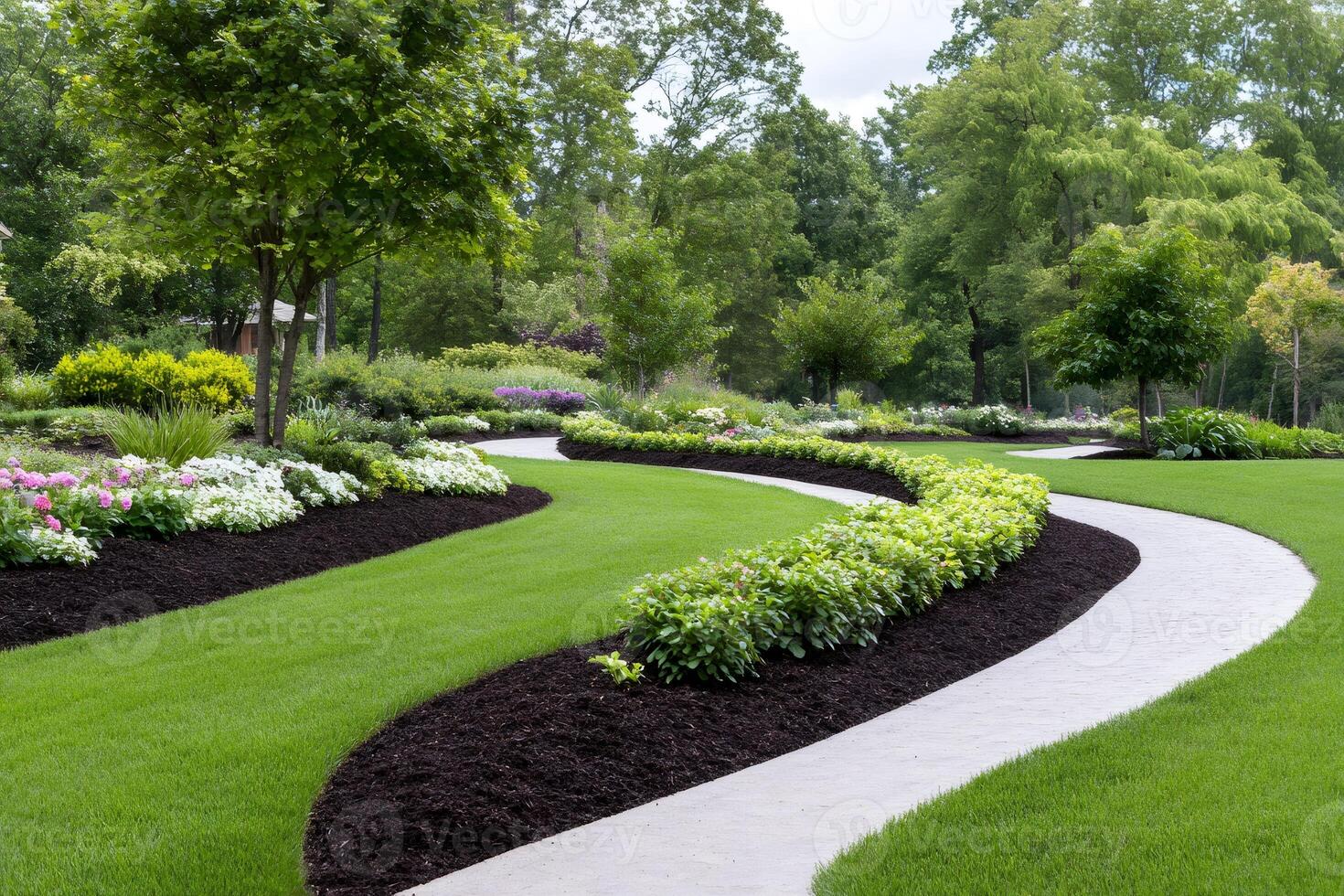 Winding garden path curving through a manicured lawn and flowerbeds photo