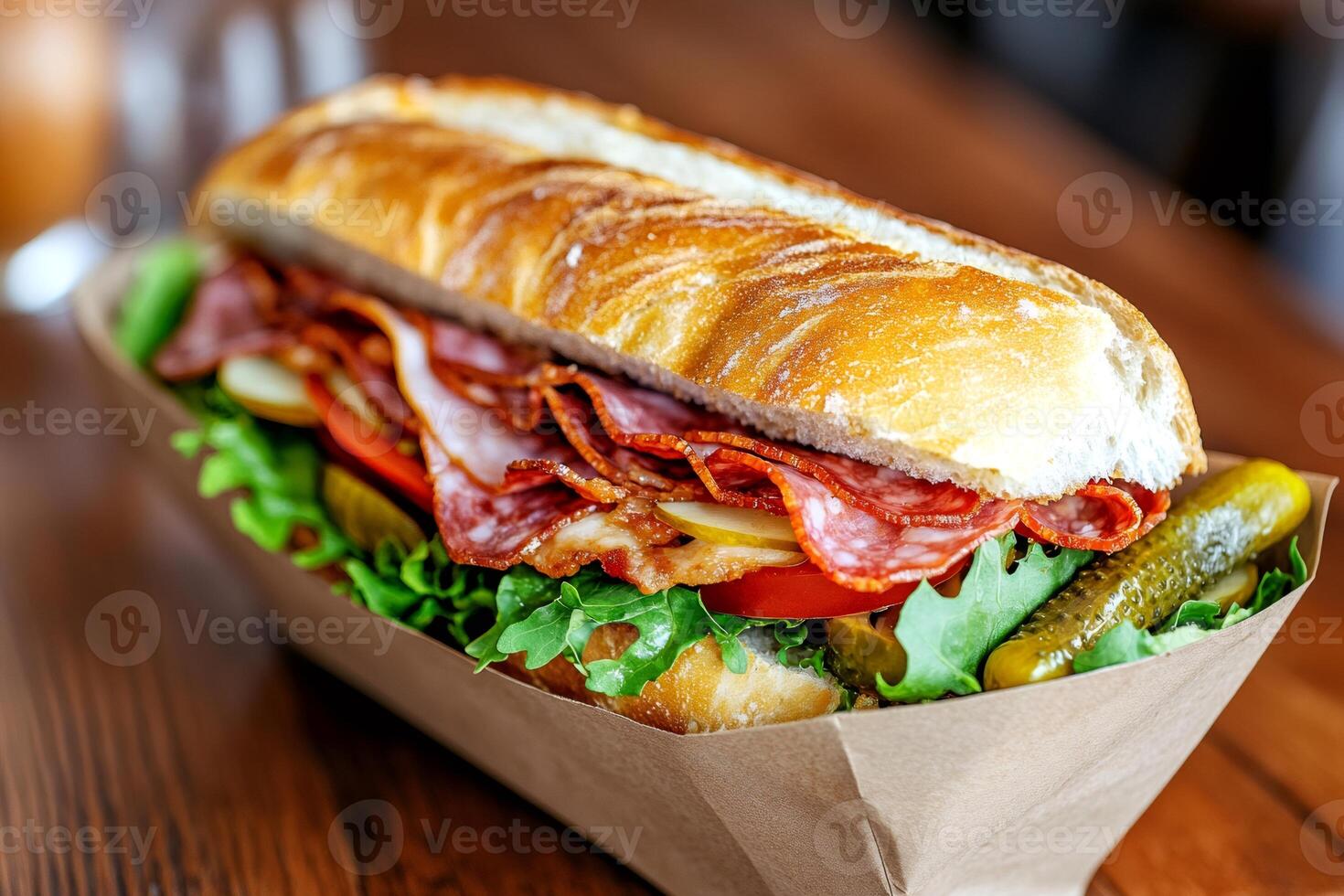Fresh sandwich with crispy baguette, salami, bacon, tomato, pickles and lettuce on wooden table photo