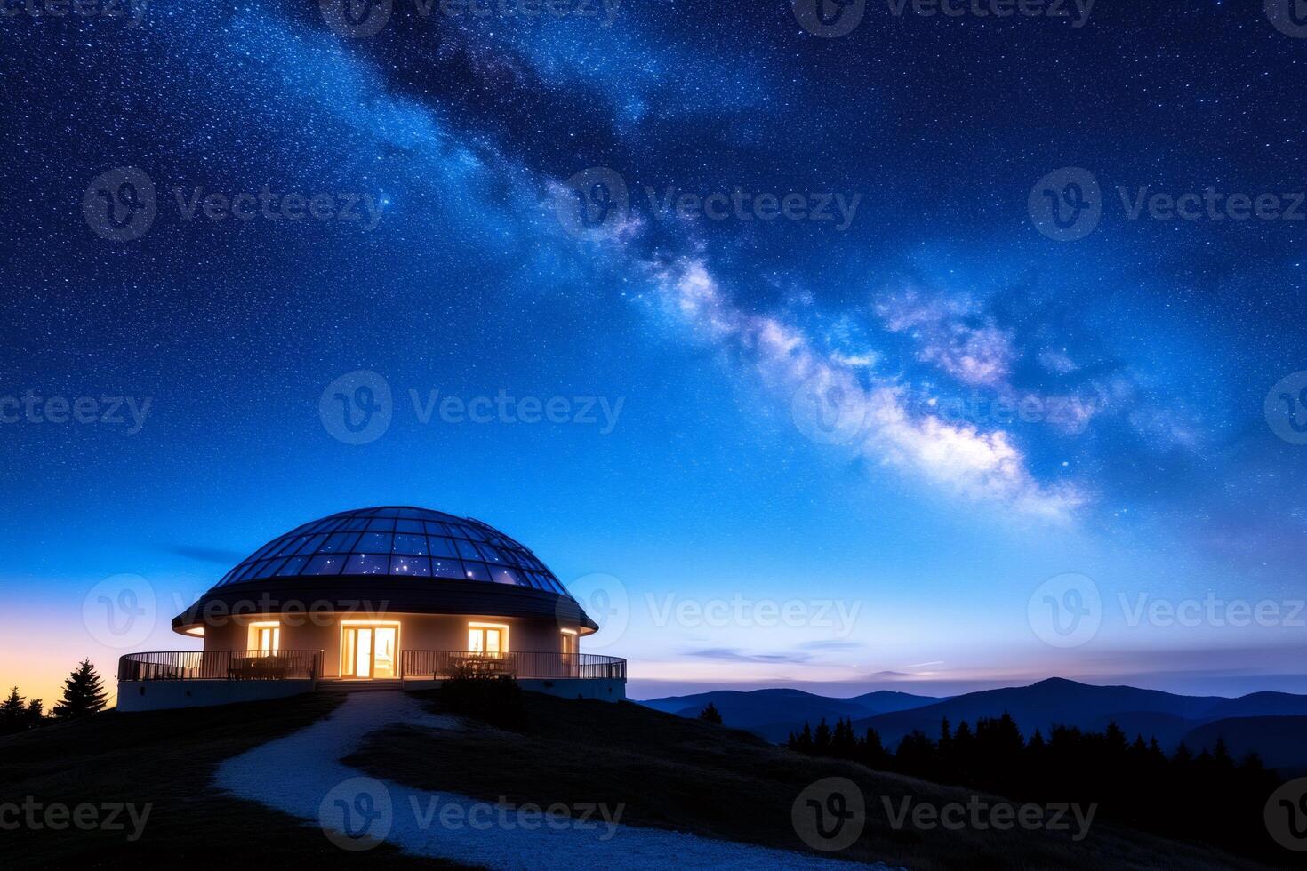 Futuristic dome building under amazing milky way and starry sky photo