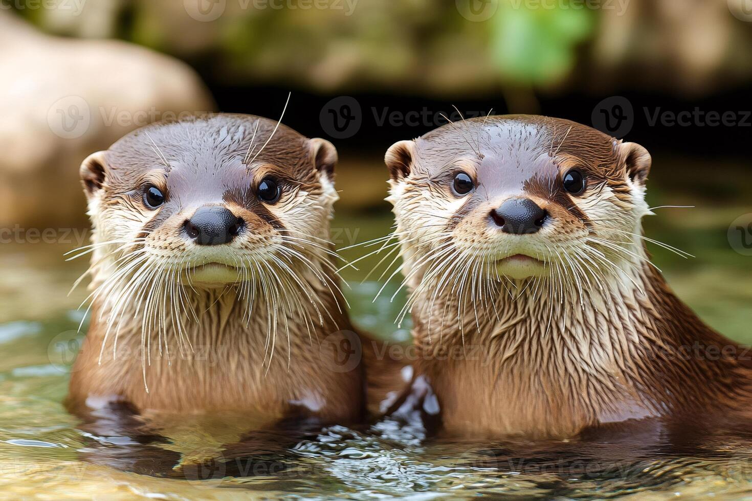 Two oriental small-clawed otters emerging from water photo