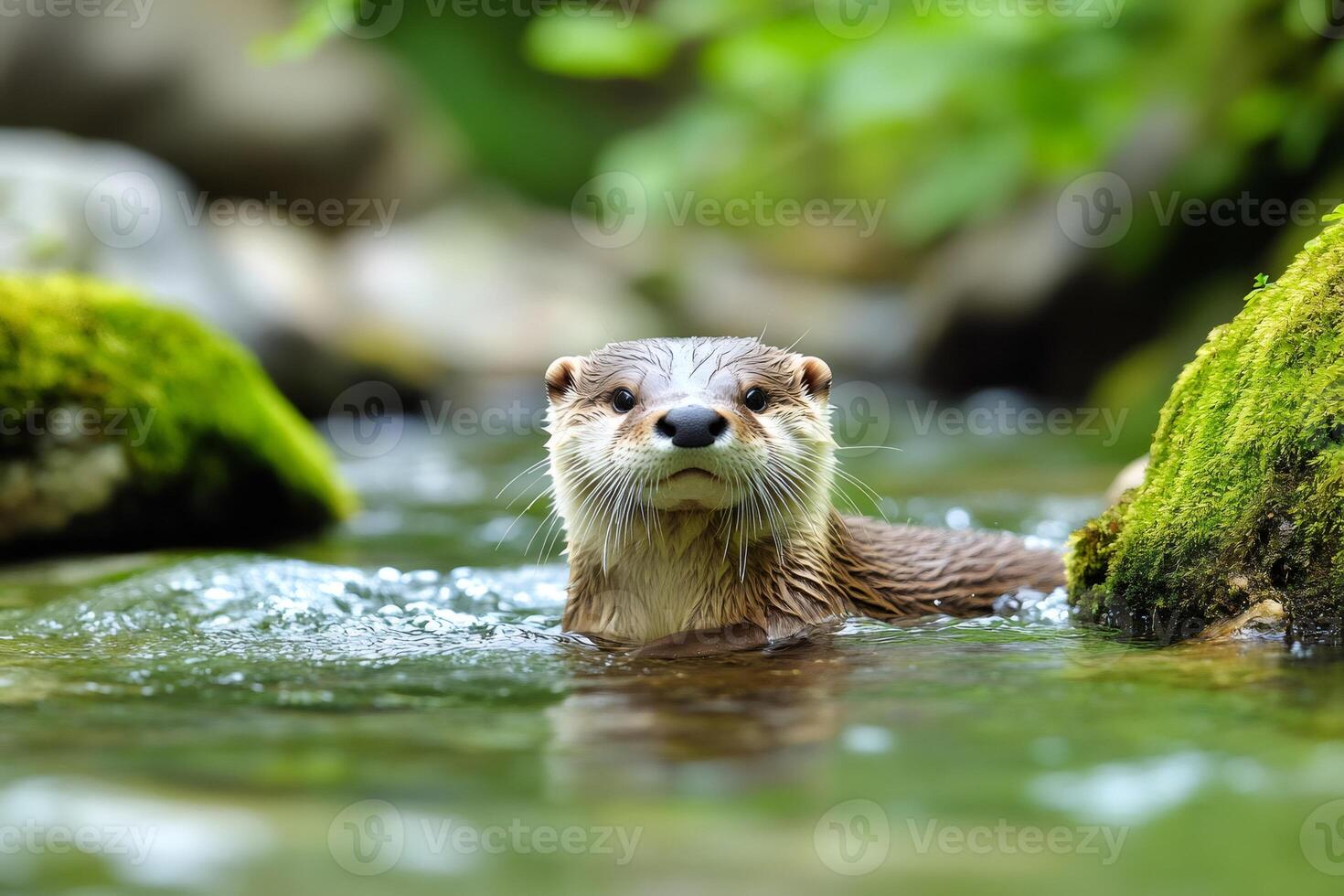 European otter swimming in a pristine river with mossy rocks photo