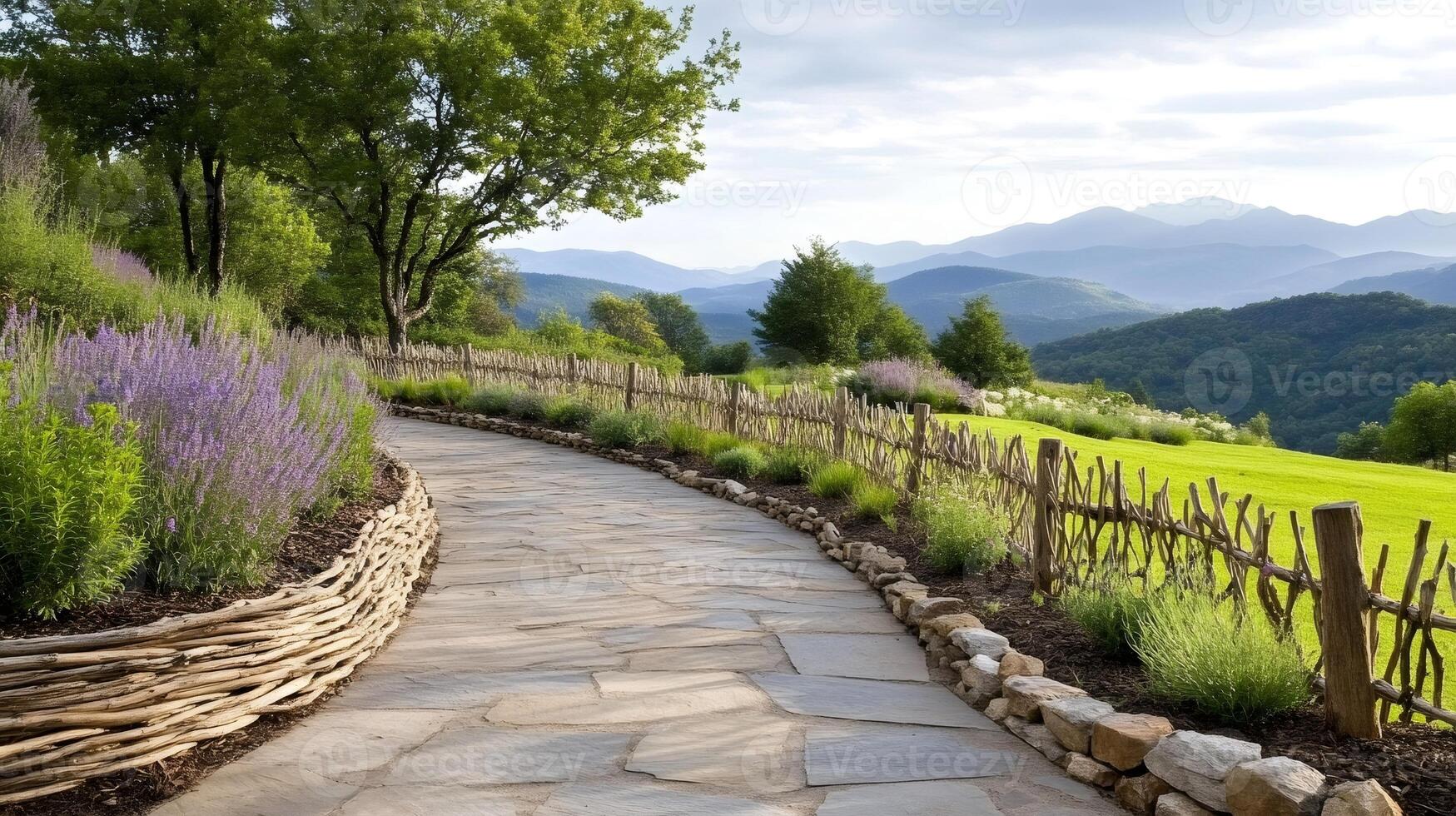 Stone paved pathway winding through a beautiful garden with lavender and wooden fence photo