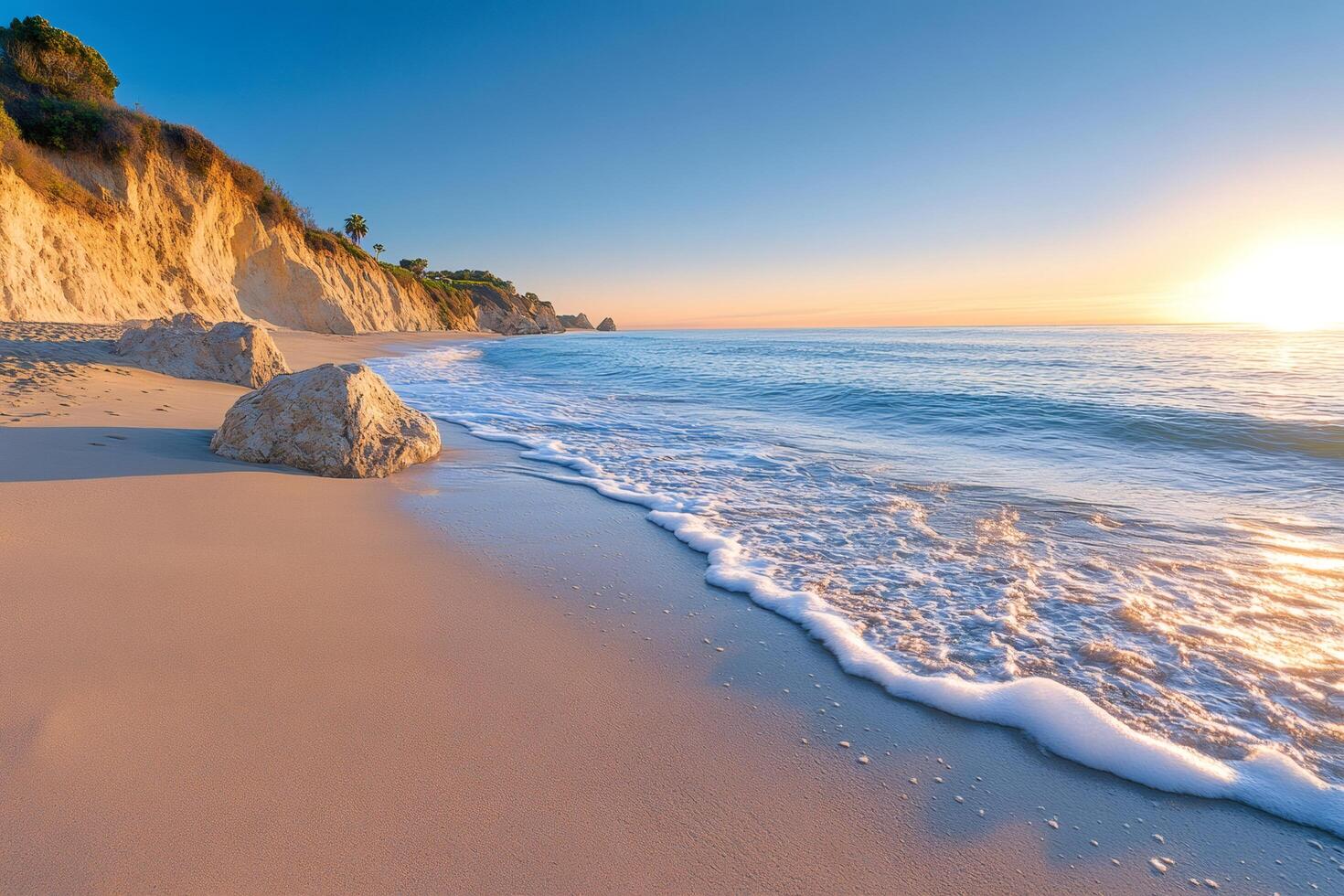 Soft waves washing sandy beach at sunrise with cliffs in the background photo