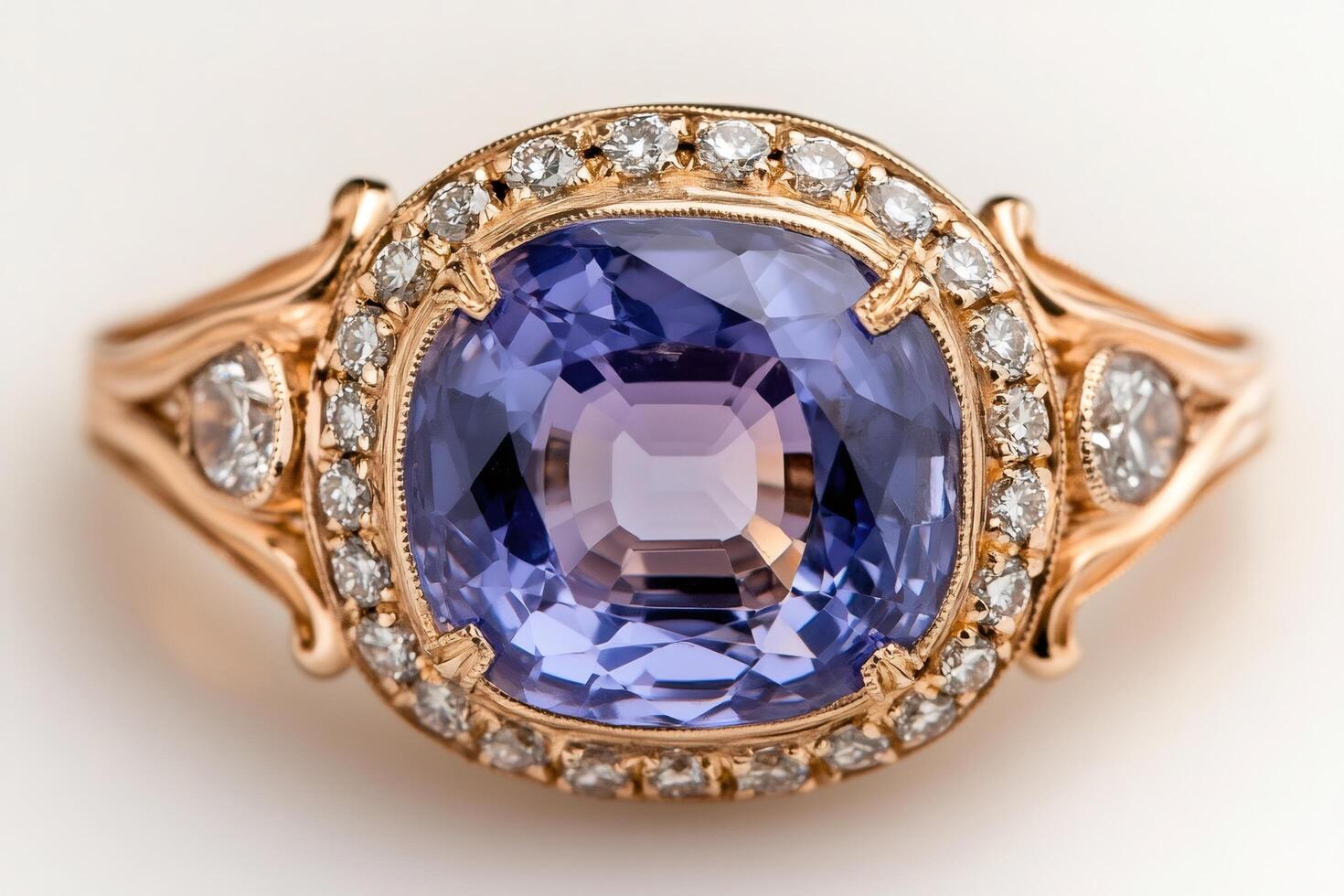 Large purple gemstone ring shining with small diamonds on white background photo