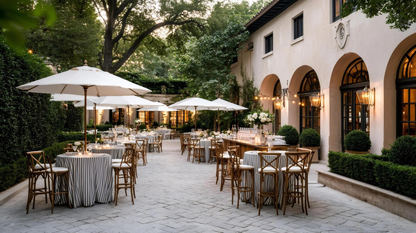 Elegant outdoor wedding reception venue featuring white umbrellas and stylish striped tablecloths photo
