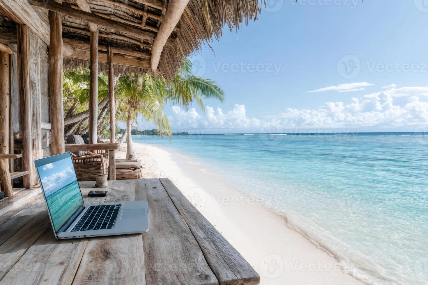 Laptop displaying tropical beach on wooden table in luxurious beachfront bungalow photo