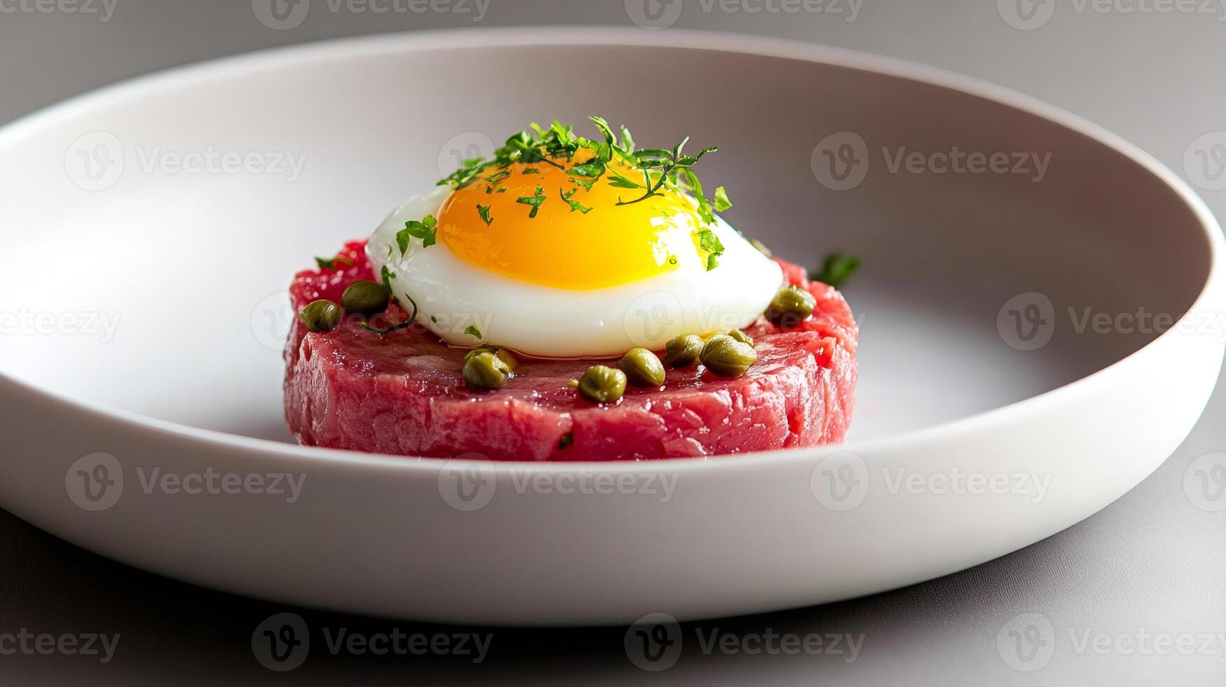 Beef tartare with poached egg, capers and herbs resting in a modern white bowl photo
