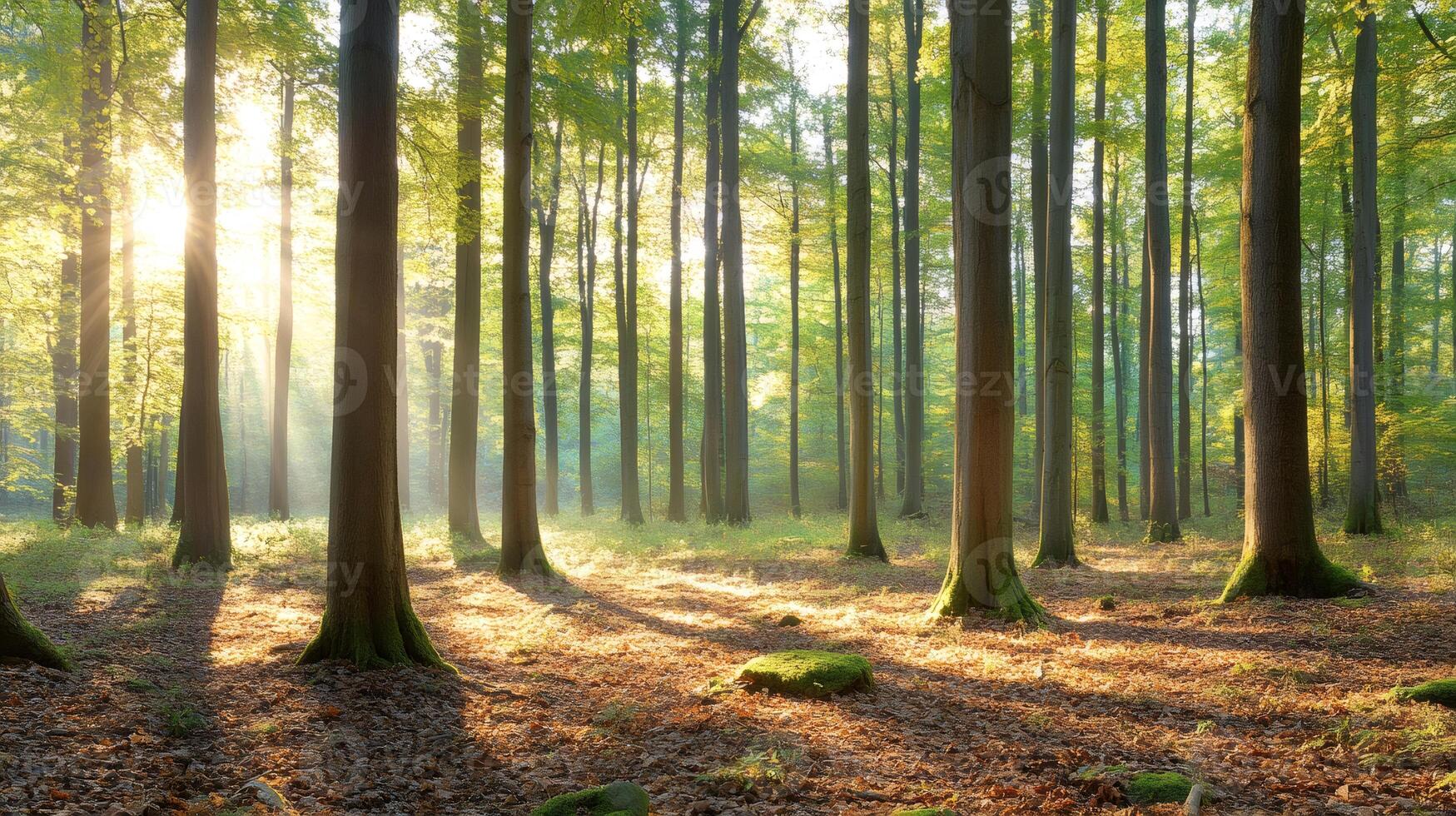 Beautiful morning sun illuminating lush green forest photo
