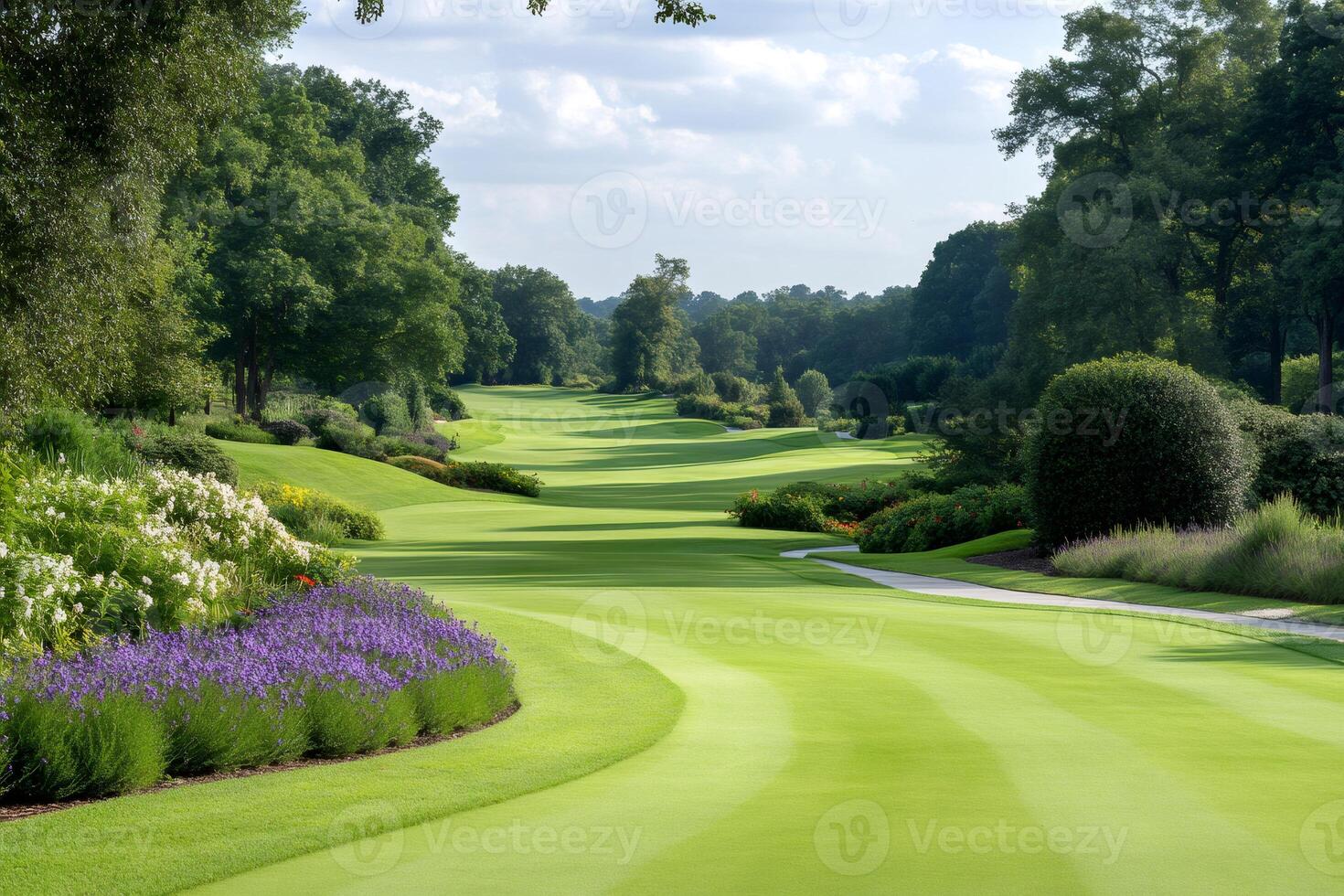 Lush green golf course winding through a beautiful landscape photo