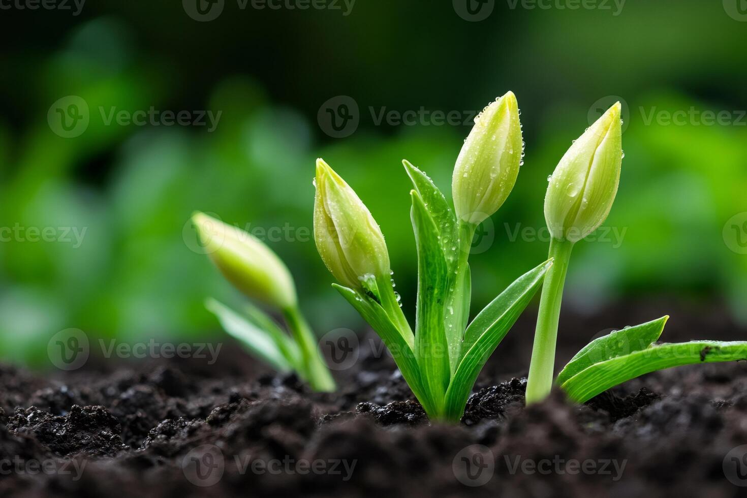 New tulip sprouts growing from fertile soil photo