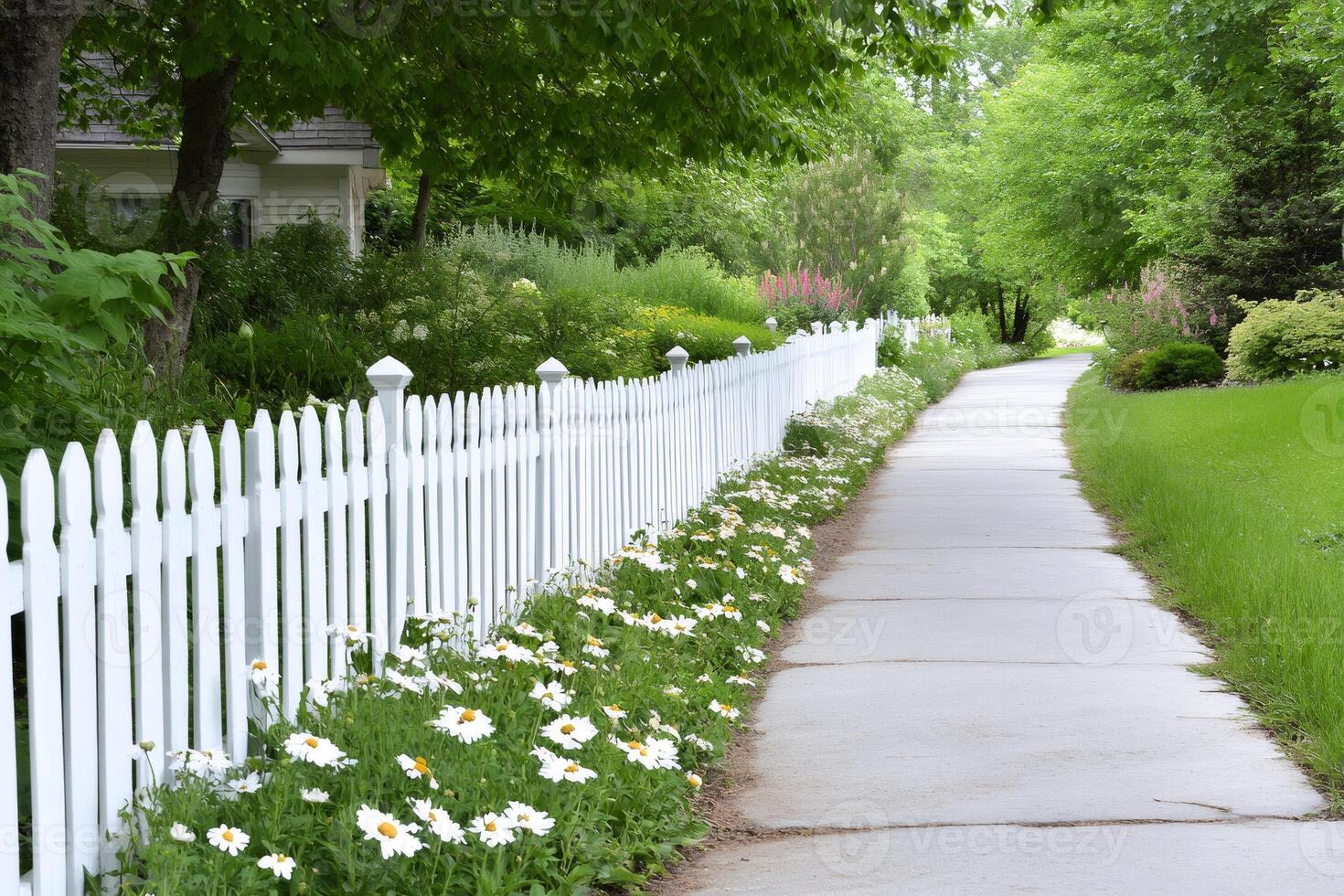 White picket fence bordering sidewalk with daisies leading to suburban house photo