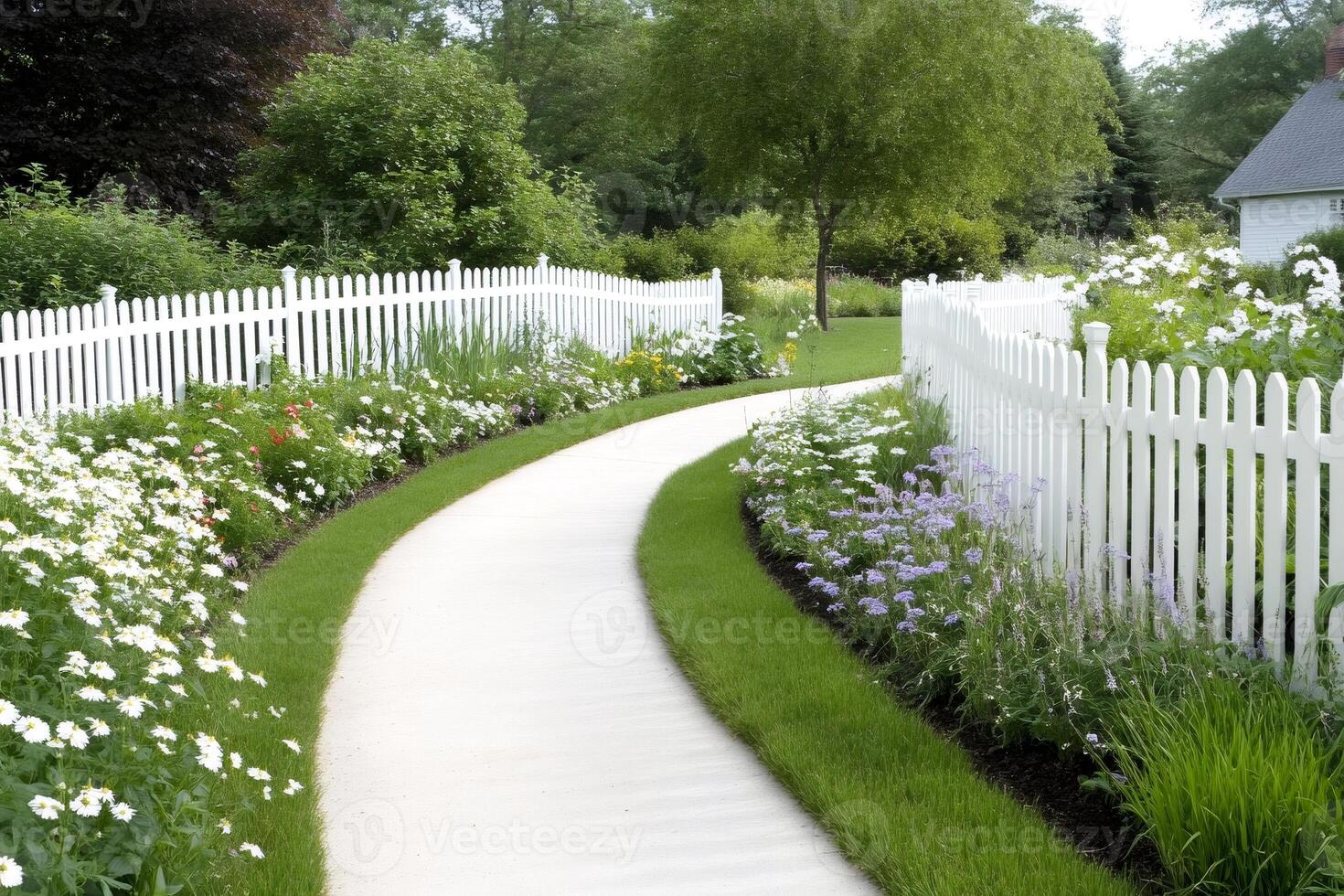 Winding Garden Path Bordered by White Picket Fence and Lush Flowers photo