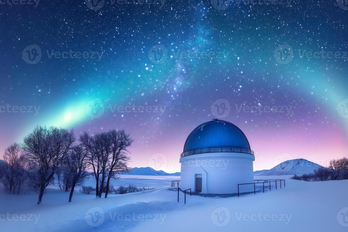 Astronomical observatory exploring the milky way and aurora borealis in a starry night photo